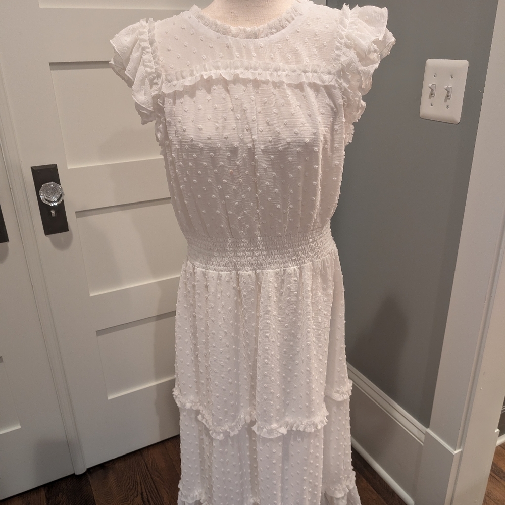 CeCe Clip Dot Flutter Sleeve Midi Dress Size L